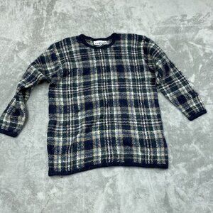 Paul Harris Design Mohair Blend Plaid Sweater L Navy/Tan/White 6373